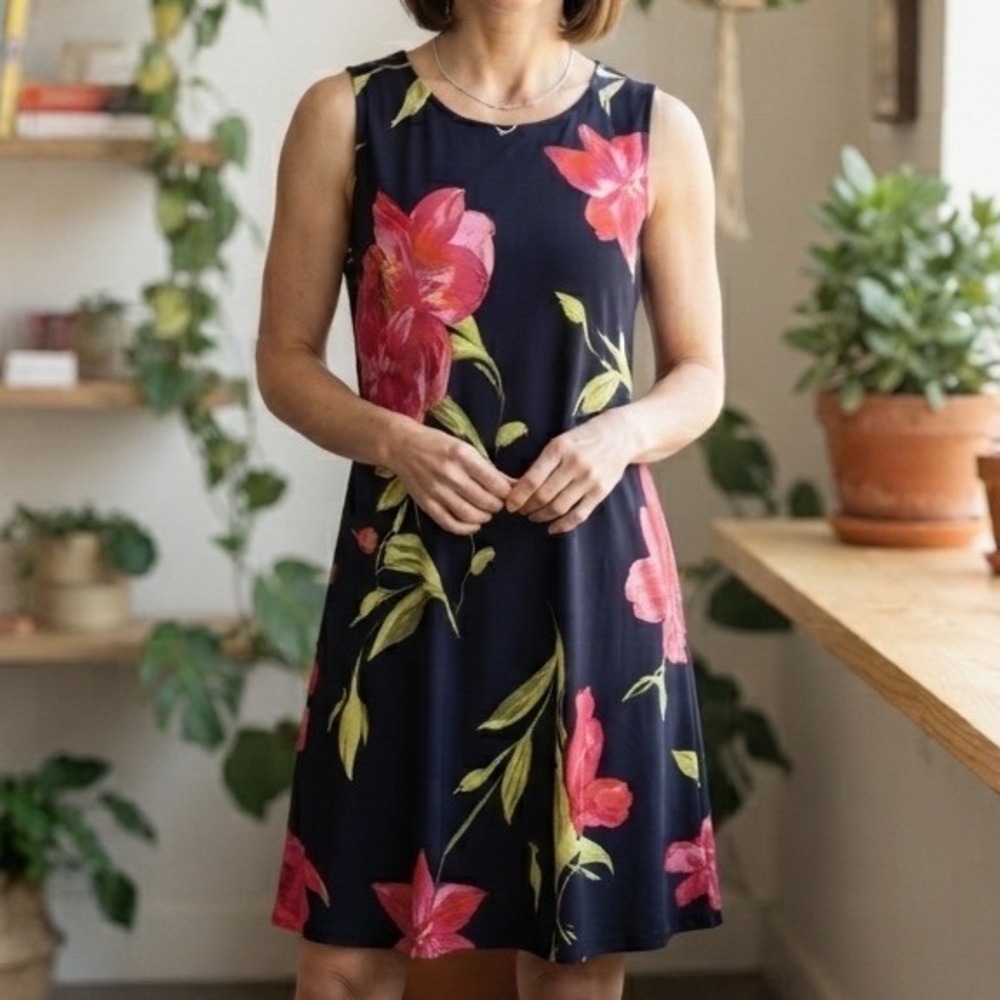 Anne Klein Navy Blue Floral Sleeveless‎ Swing Dress Pink Red Botanical Size 16